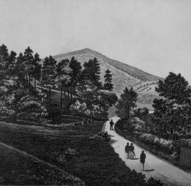 Vintage engraving of people walking along a winding path toward a large mountain peak.