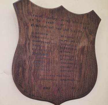 A shield-shaped wooden memorial plaque honoring men of Warley Parish who served in the Great War.