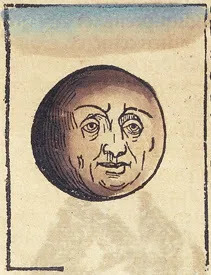 Vintage woodcut illustration of a celestial moon with a detailed human face.