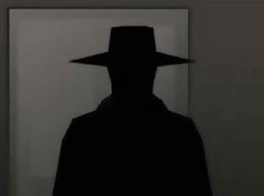Dark silhouette of a man wearing a wide-brimmed hat, depicting a mysterious shadow person figure.