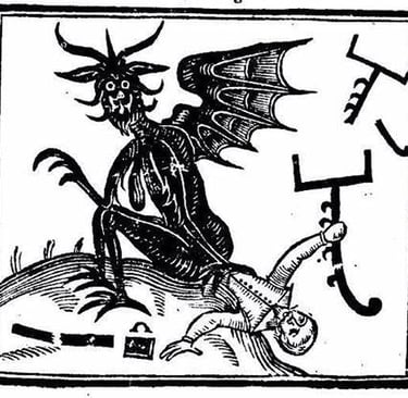 Vintage occult woodcut illustration of a winged demon with horns attacking a man with occult symbols.