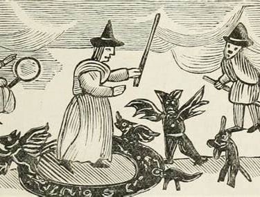 Vintage woodcut illustration of witches flying on broomsticks and conjuring winged demons and familiars.