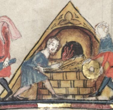 Medieval manuscript illustration showing bakers using a wood-fired brick oven to bake bread.