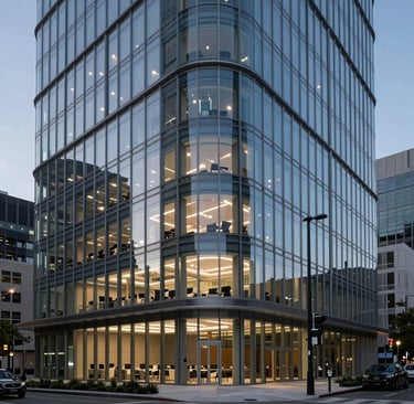 A sleek, professional photography of a modern glass-walled office in a North American city at dusk, with subtle blue and grey lighting, showing a clean, authoritative environment for innovation.