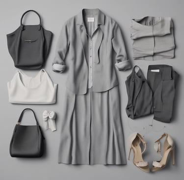Flat lay of cuts accessories and clothing pieces arranged neatly on a white surface, emphasizing minimalism.