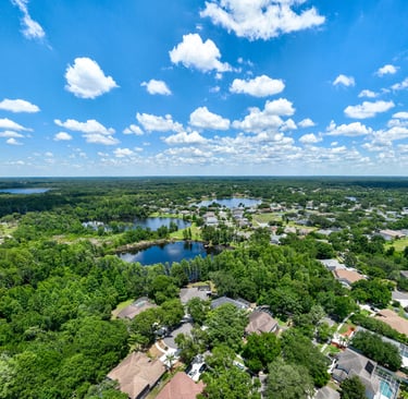 Aerial view of a suburban neighborhood in Florida with luxury homes, lush green trees, and scenic lakes.