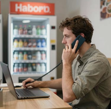 A friendly customer service representative wearing a headset, smiling and ready to assist.