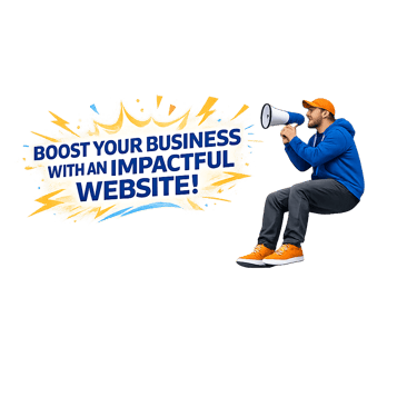 A man uses a megaphone to boost your business with an impactful website for digital marketing growth.