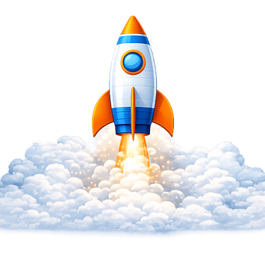 A colorful cartoon rocket ship launching into space with fire and white smoke clouds.