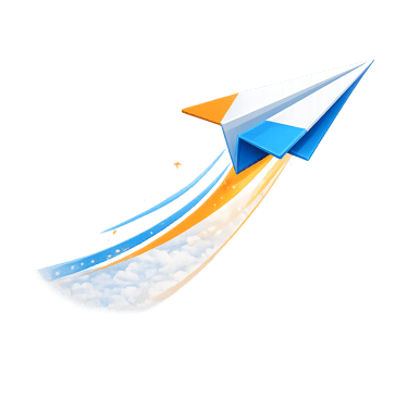 A blue and white paper airplane flying upwards with orange and blue motion trails against a black background.