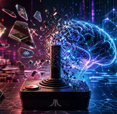 Digital glowing brain emerging from a retro arcade joystick with shattered pixels and retro gaming data.