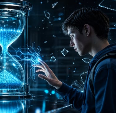 A student touching a digital hourglass filled with glowing blue binary code and circuit patterns.