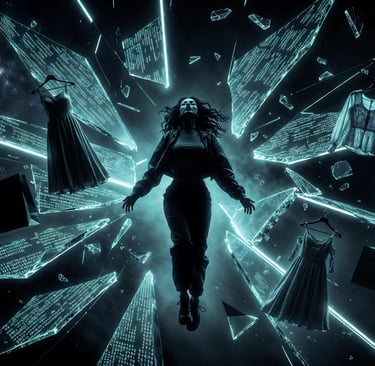 Surreal digital art of a woman floating among glowing data shards and virtual fashion apparel.