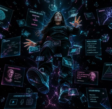 Woman surrounded by holographic screens displaying neuroplasticity, mental models, and personal growth data.