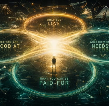 A glowing digital Ikigai diagram illustrating purpose with interconnected circles and a central silhouette.