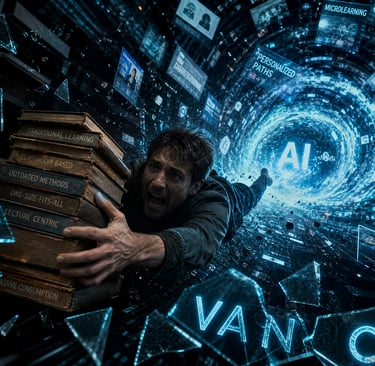 Man holding old books falls through a digital AI vortex representing the future of adaptive learning.