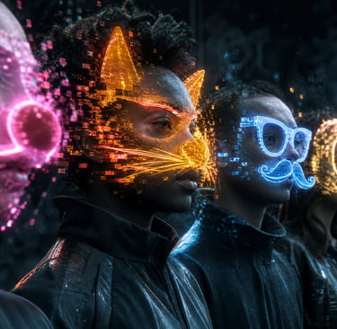 People wearing glowing digital neon augmented reality filters and masks in a futuristic dark setting.