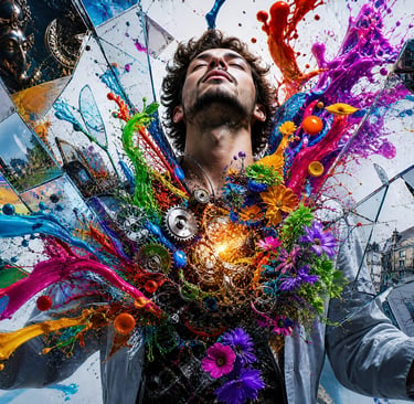 Surreal digital art of a man with colorful paint splashes, gears, and flowers bursting from his chest.
