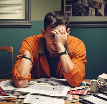 a man sitting at a table with papers and papers