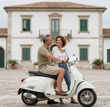 A smiling couple posing in front of a rustic Mediterranean villa with white walls and green shutters.