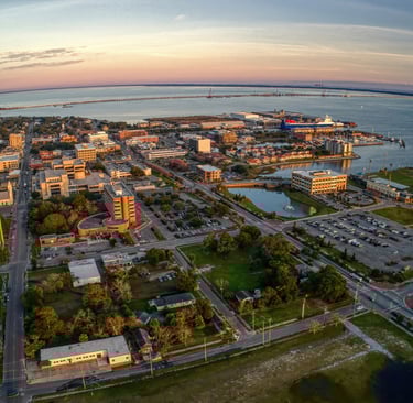 Aerial view of Pensacola Florida coastline and downtown area