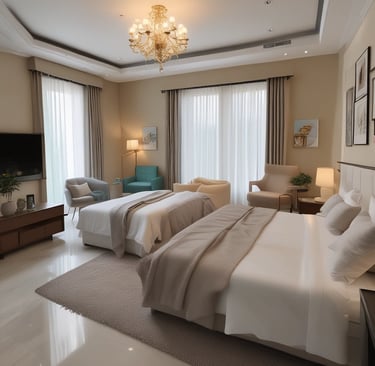 Peaceful courtyard with seating surrounded by greenery at the guest house.