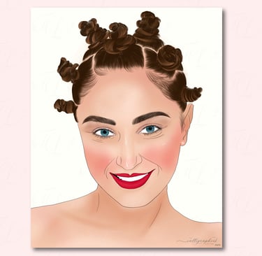 Hand‑drawn digital portrait of a person with Bantu knots, blue eyes, and red lipstick on a soft pink background.