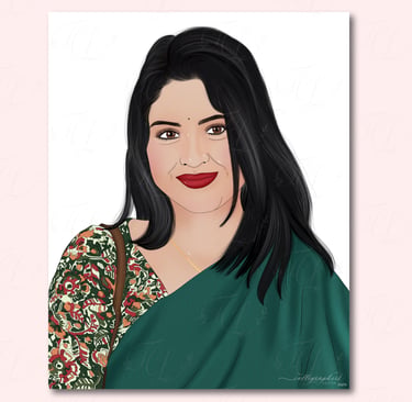 Hand‑drawn digital portrait of a person in a green saree with long black hair, floral blouse, and a subtle smile.