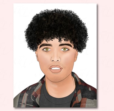 Digital illustration of a man with lots of curly hair on top with big hazel eyes and a plaid short and black t-shirt.
