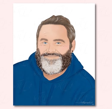 Hand‑drawn digital portrait of a person with a full beard, blue eyes, and short brown hair wearing a blue hoodie.