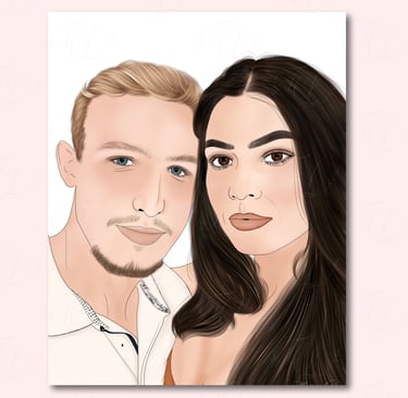 Hand-drawn digital portrait of a couple; man with blond hair and woman with long dark flowing hair.