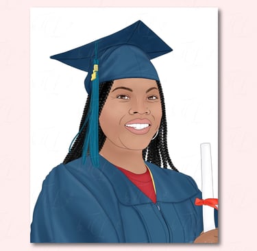 Digital illustration of woman in blue cap and gown with hair styled in braids holding diploma.