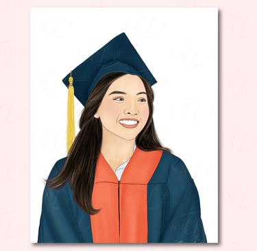 Hand-drawn digital portrait of woman in blue graduation gown with orange panel and gold tassel smiling with long brown hair.