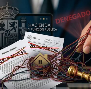 Hand tangled in red string over Spanish Hacienda tax documents and a house model on a chessboard.