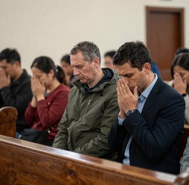 A warm group photo of the congregation gathered in the church courtyard during a sunny Sunday service.