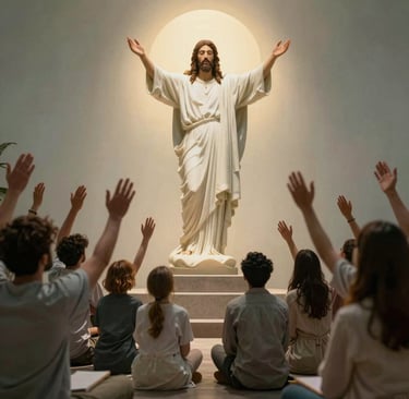 The church interior beautifully decorated with light and symbols reflecting the spirit of community and worship.
