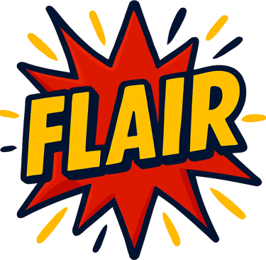 Comic book style graphic with the word Flair in yellow text over a red explosion burst.