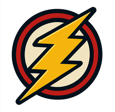 Vintage style Flash superhero logo featuring a yellow lightning bolt icon inside a red and white circle.