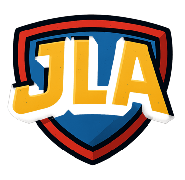 Yellow 3D JLA logo text centered on a blue and red superhero shield emblem.