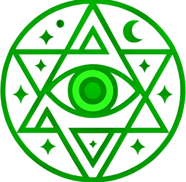 Green mystical eye symbol inside a geometric star and circle with crescent moon and stars.