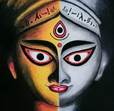 “A symbolic split-face painting of a Hindu goddess, with one half in warm golden tones and the other
