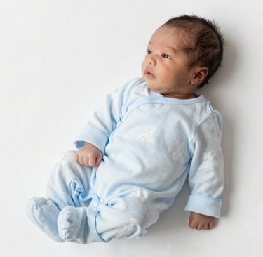 A newborn baby in white pajamas lying on a crescent moon pillow surrounded by stars.