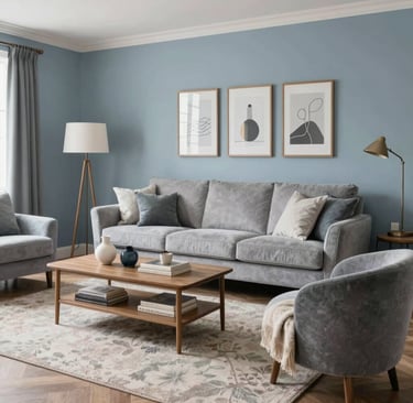 A minimalist living space featuring a sleek gray sectional, vibrant green plants, and a textured rug.