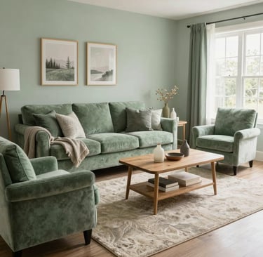 A cozy living room with soft beige sofas, a wooden coffee table, and sunlight streaming through sheer curtains.