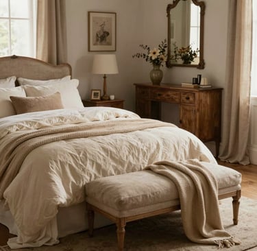 A cozy bedroom corner bathed in soft natural light with layered textiles and a touch of greenery.