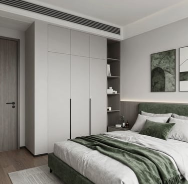 An inviting bedroom with a mix of textures including a knitted throw, velvet pillows, and a rustic wooden headboard.