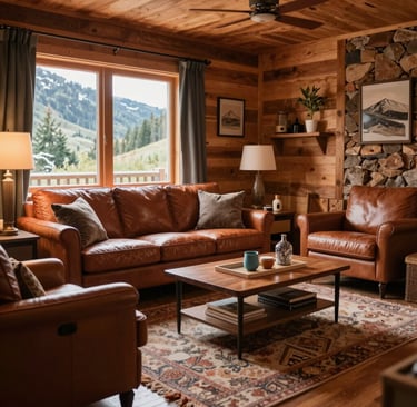 An airy living room with a mix of modern and rustic decor, including a stone fireplace and woven baskets.