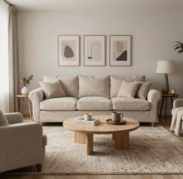 A cozy living room corner with soft natural light, a plush armchair, and a small wooden side table holding a steaming cup of tea and a stack of design magazines.
