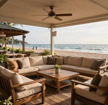 A rustic wooden dining table set under a pergola with soft cushions and potted plants.