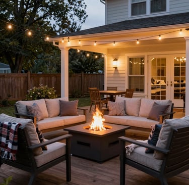 A cozy outdoor patio with string lights and comfortable seating surrounded by lush greenery.